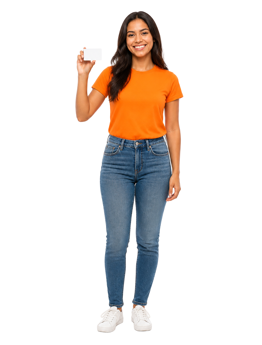 Colaboradora sorrindo segurando um cartão de benefícios