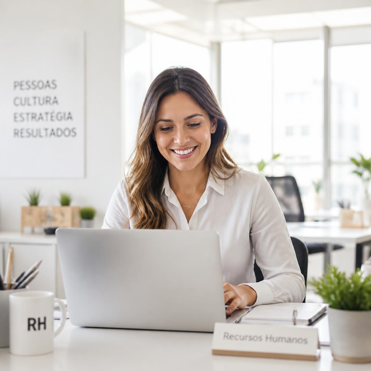 Profissional de RH sorrindo enquanto trabalha no notebook